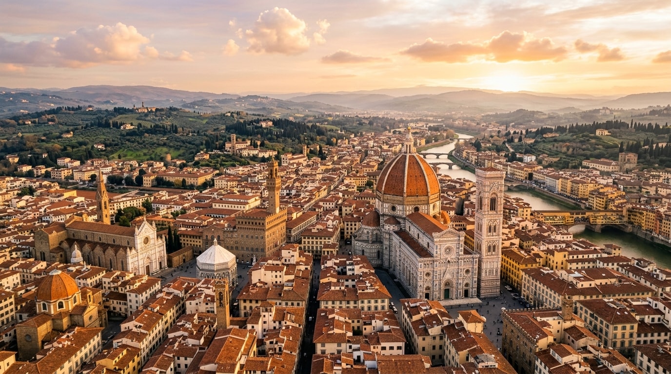 Duomo Florence Santa Maria del Fiore Cathedral at golden sunset